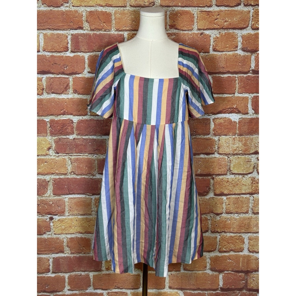 Madewell Rainbow Festival Stripe Square Neck 100% Cotton Midi Dress Size XS